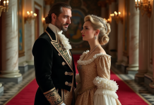 La totalité des opéras de Verdi : exploration des thèmes et des personnages Duo en costumes d'opéra italien du XIXe siècle dans un foyer opulent