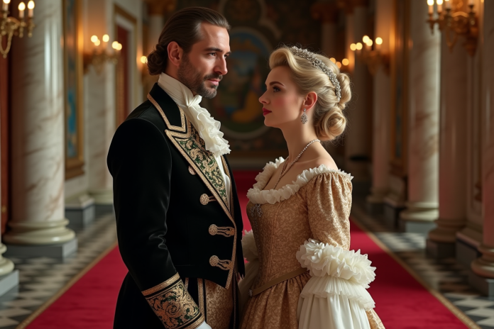 opera-costumes-theatre-foyer Duo en costumes d'opéra italien du XIXe siècle dans un foyer opulent