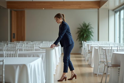 Jeune femme en blazer navy organise des chaises et tables