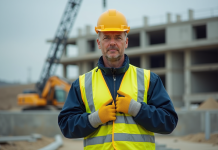Homme en tenue de chantier ajustant son gilet de sécurité