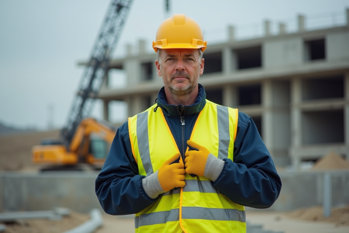 Homme en tenue de chantier ajustant son gilet de sécurité