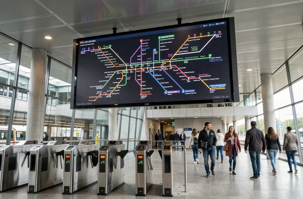 Panneau numérique affichant la carte complète du réseau RER, métro, bus et tram en Île-de-France dans une gare moderne