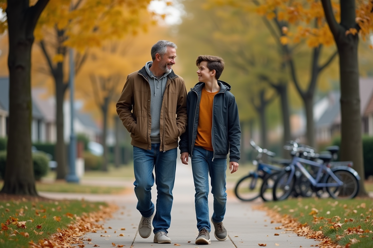 Père et fils marchent dans la rue en souriant