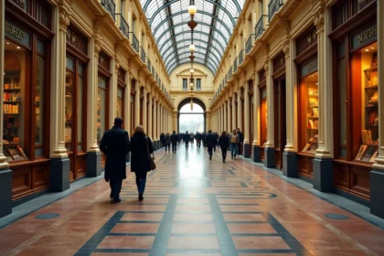 Vue en perspective du Passage Vivienne à Paris avec son sol en mosaïque, ses boutiques anciennes et sa verrière en fer forgé du XIXe siècle
