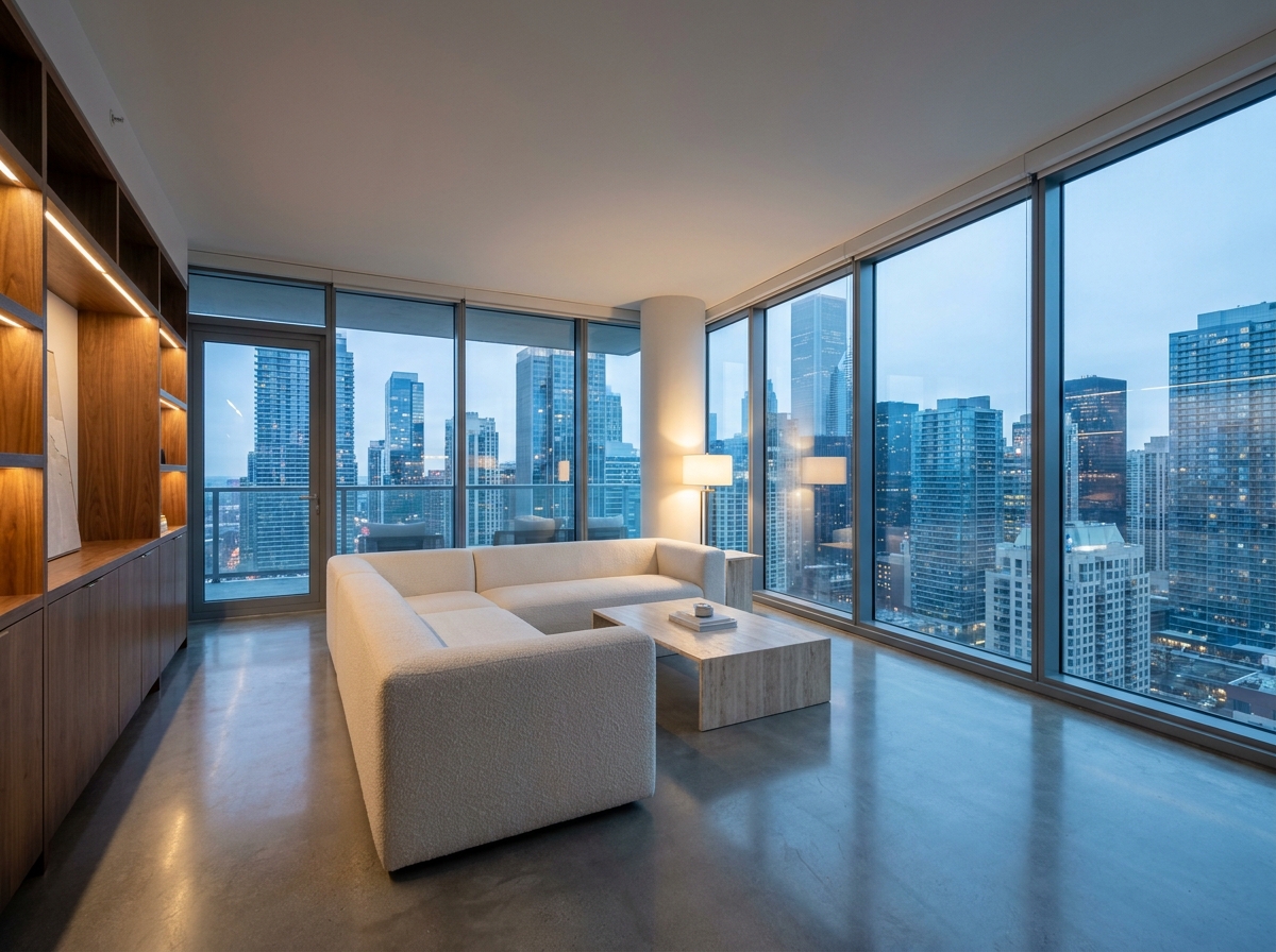 Penthouse de luxe contemporain avec vue panoramique sur la skyline urbaine, intérieur minimaliste en travertin et bouclé ivoire