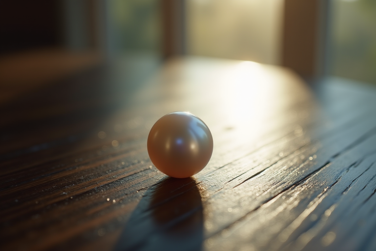 Perle blanche sur surface en bois foncé avec lumière naturelle