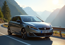 Peugeot 308 GTI automatique sur une route de montagne en journée