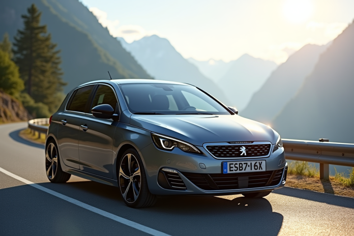 Peugeot 308 GTI automatique sur une route de montagne en journée