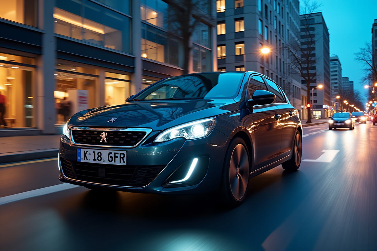 Peugeot 308 GTI automatique en ville au crépuscule en mouvement