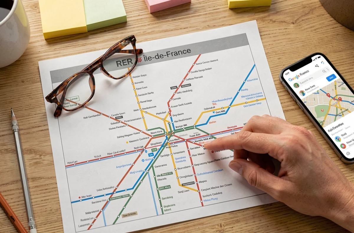 Vue aérienne d'un plan RER Île-de-France imprimé en haute définition sur un bureau avec smartphone