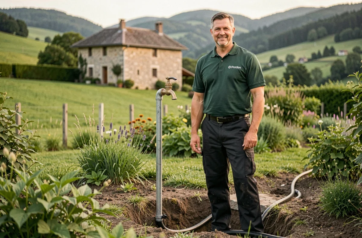 Plombier de Plomberie Moutonne présentant une installation de robinet extérieur et d'irrigation dans un jardin rural du Jura
