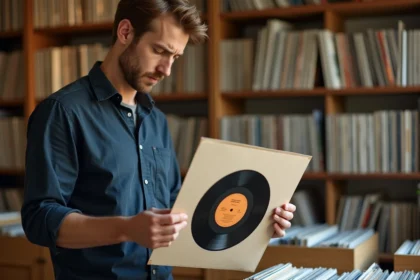 Homme tenant une pochette extérieure en papier pour vinyle 33 tours dans un magasin de disques organisé