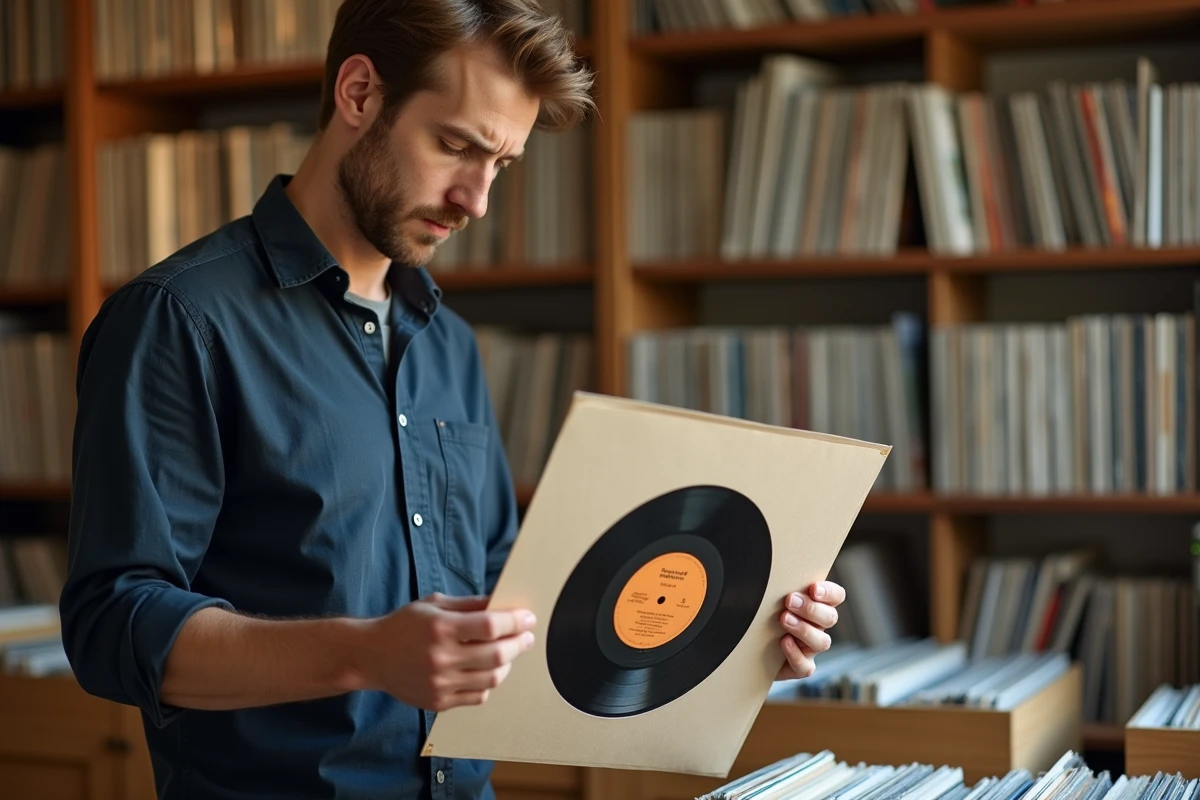 Homme tenant une pochette extérieure en papier pour vinyle 33 tours dans un magasin de disques organisé