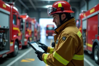 Pompier consultant une tablette numérique avec l'application IRIS Pompier devant une caserne de pompiers moderne