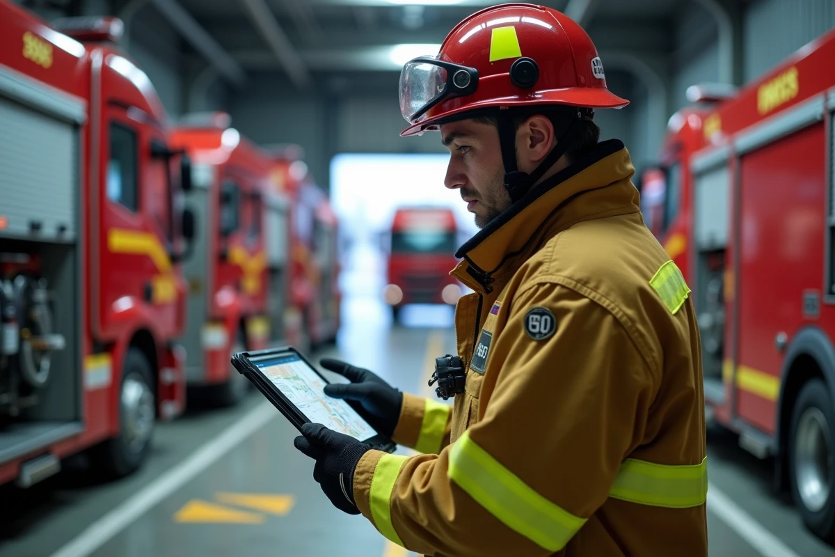 Pompier consultant une tablette numérique avec l'application IRIS Pompier devant une caserne de pompiers moderne