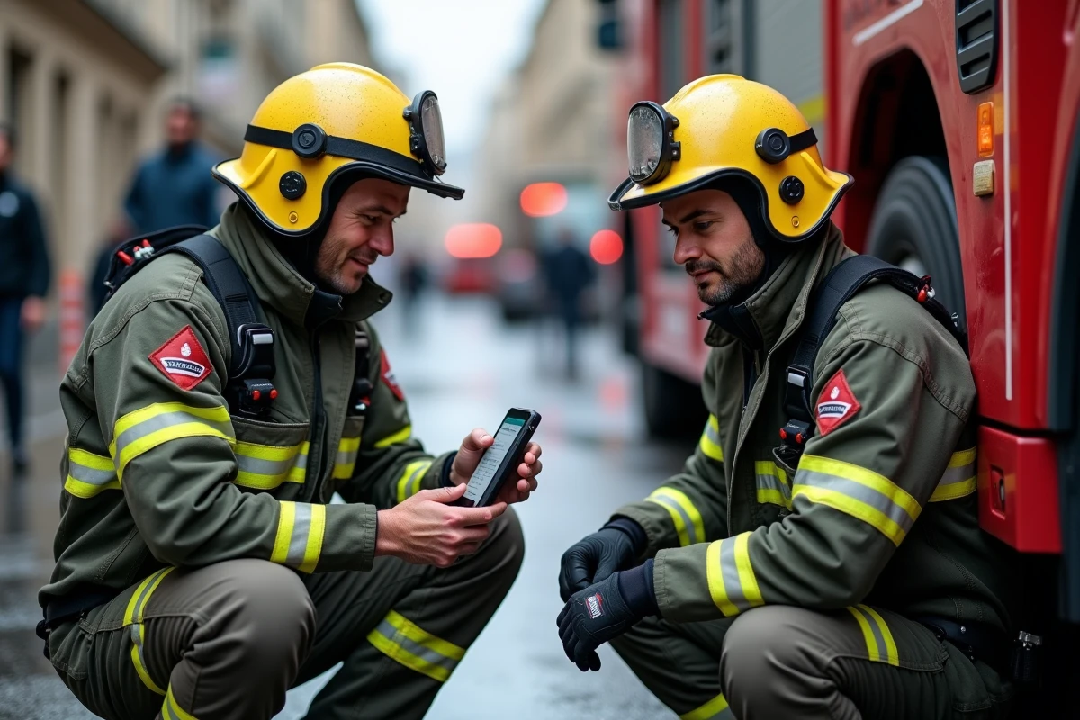 Deux pompiers consultant le bilan d'intervention numérique sur smartphone IRIS Pompier après une intervention en milieu urbain