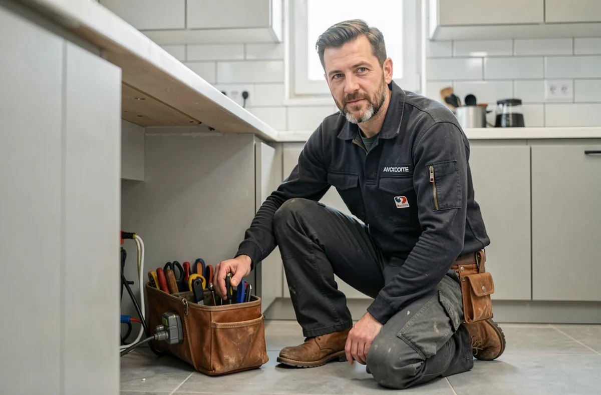 Florian Presle Électricité raccordant des équipements électriques sous un plan de travail de cuisine rénovée
