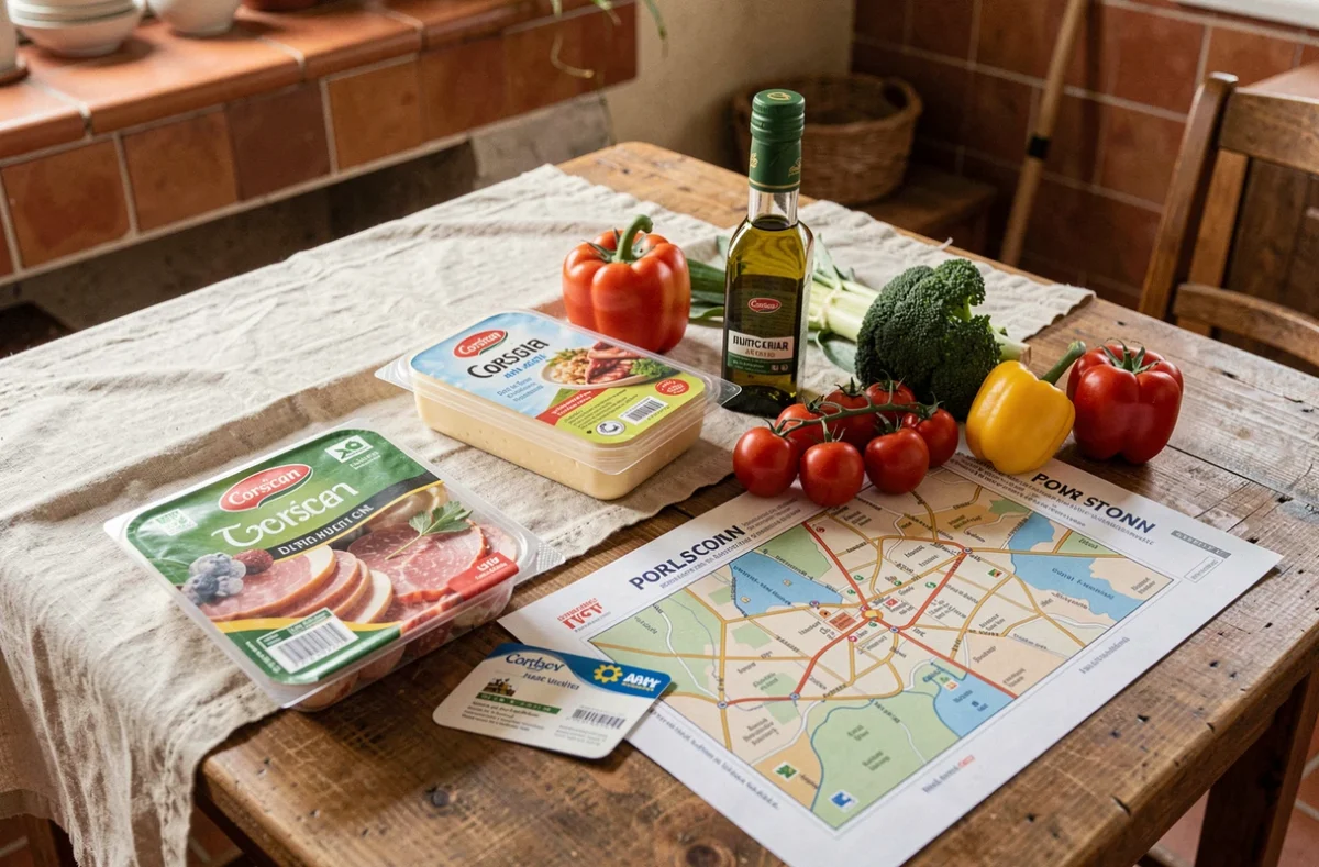 Produits corses et carte Lidl posés sur une table en bois pour planifier les courses