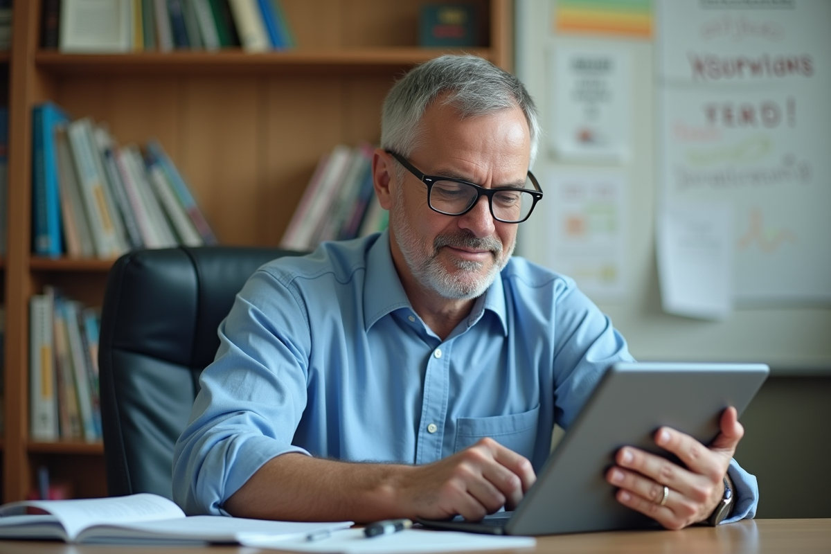 Professeur en classe vérifiant les devoirs numériques