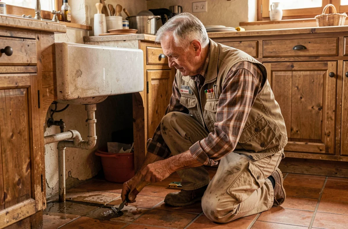Pyanet Emile, plombier expérimenté, réparant une fuite sous un évier ancien dans une cuisine rurale du Jura
