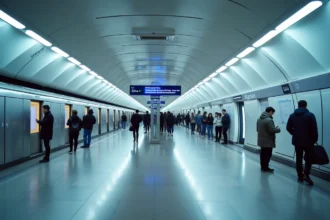 Quai futuriste de la ligne 14 du métro parisien avec portes palières automatiques et voyageurs attendant le train