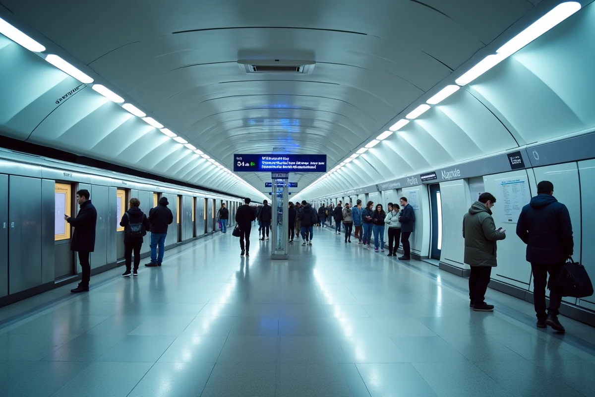 Quai futuriste de la ligne 14 du métro parisien avec portes palières automatiques et voyageurs attendant le train