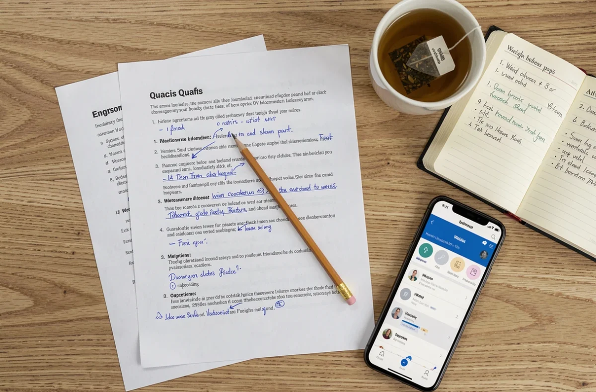 Vue du dessus d'un questionnaire nutritionnel annoté avec carnet de suivi minceur et application Leptithebdo sur smartphone