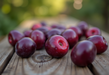 Prunes de quetsche fraîches sur une table en bois rustique