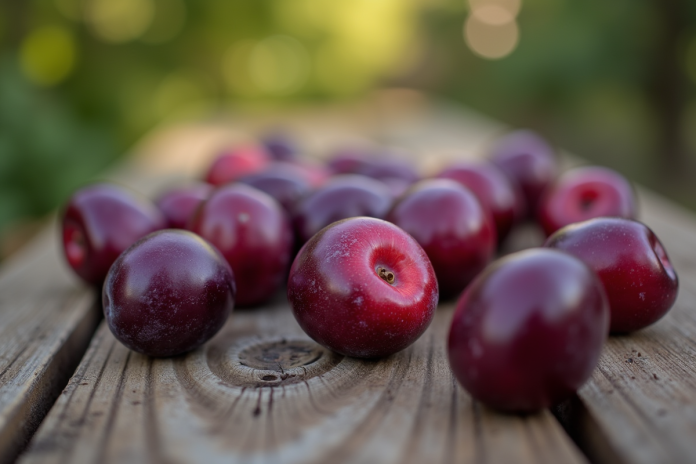 Prunes de quetsche fraîches sur une table en bois rustique