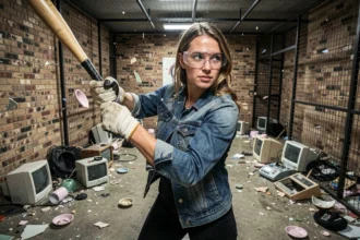 Femme en tenue de protection frappant des objets dans une rage room à Lyon pour décompresser après le travail