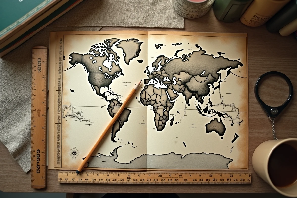 Règle vintage, mètre ruban et carte manuscrite avec repères en miles et kilomètres posés sur un bureau en chêne