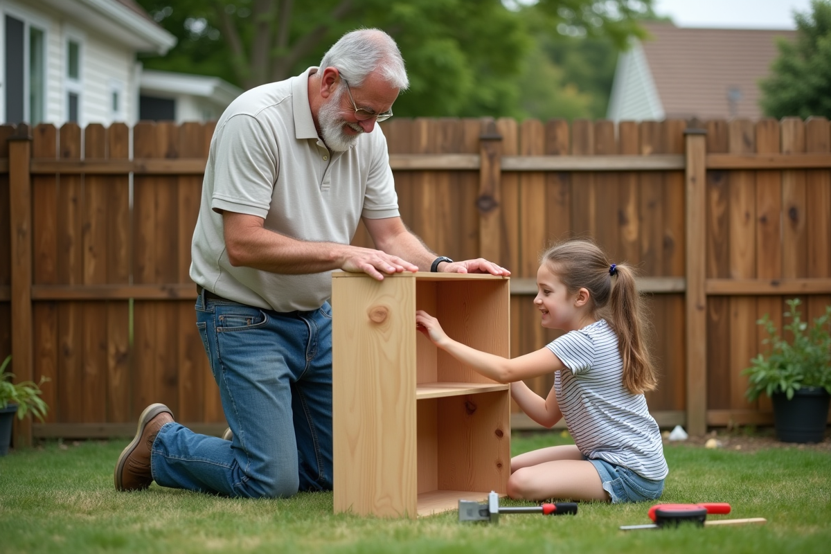 Adulte et adolescente assemblant une étagère dans le jardin