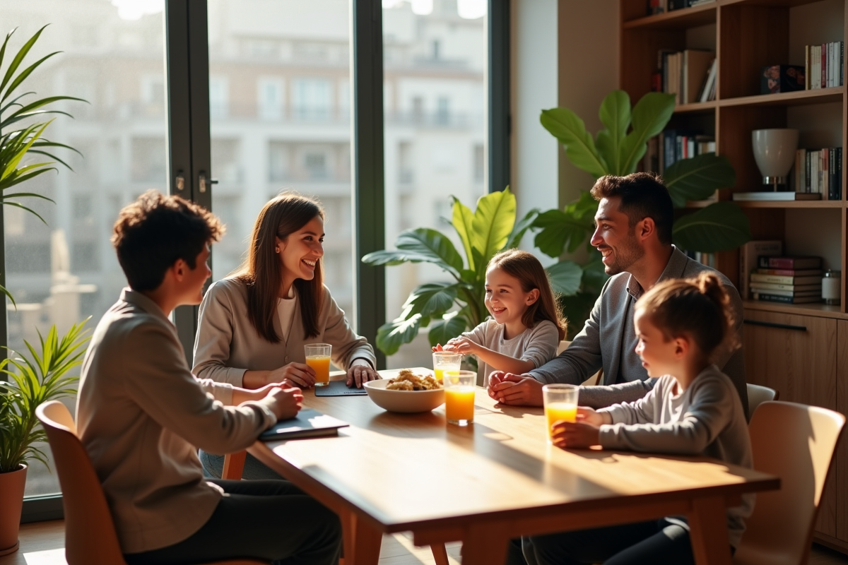 Famille multiethnique partageant un repas dans un appartement lumineux