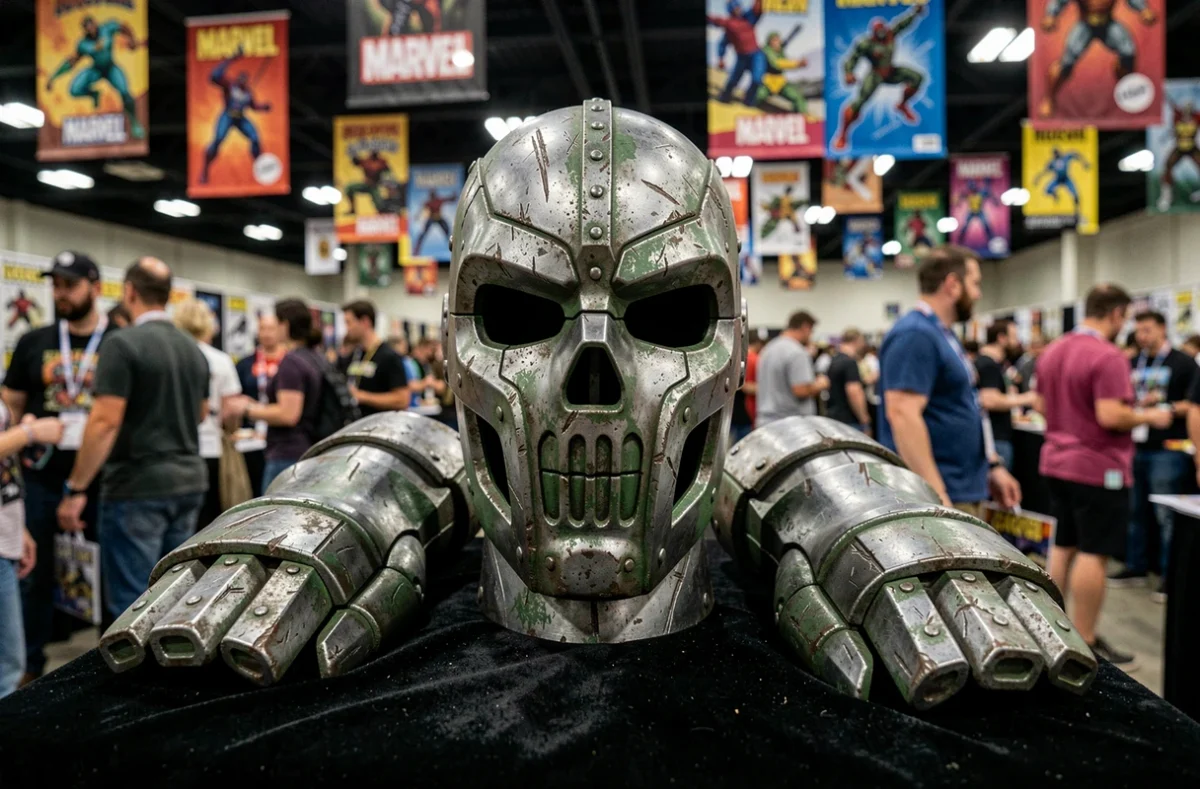 Réplique détaillée du masque en fer et des gantlets de Doctor Doom Victor von Doom exposée lors d'une convention Marvel