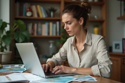 Femme consultant un site de réservation de vacances sur son ordinateur portable avec un calendrier et des brochures de voyage éparpillés sur la table