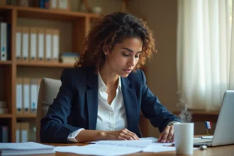 Femme révisant des documents pour un entretien de naturalisation française à son bureau
