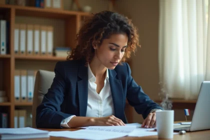 Femme révisant des documents pour un entretien de naturalisation française à son bureau