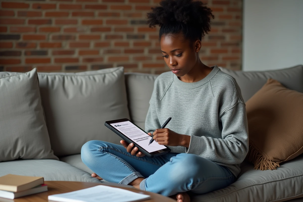 Jeune femme révisant un PDF de questions-réponses pour l'entretien de naturalisation sur tablette