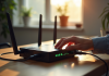 Main tapant sur un routeur WiFi moderne avec LED lumineux