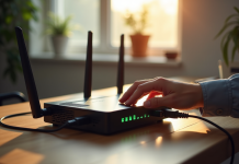 Main tapant sur un routeur WiFi moderne avec LED lumineux