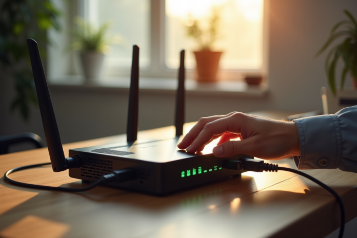 Main tapant sur un routeur WiFi moderne avec LED lumineux