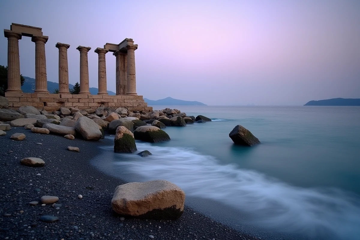 Ruines de colonnes de temple grec antique partiellement submergées sur une côte insulaire grecque au crépuscule