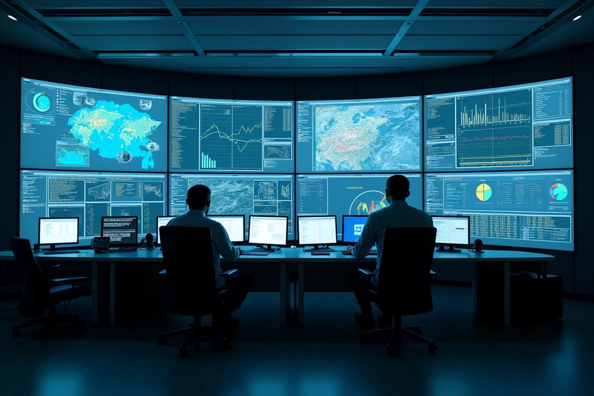 Salle de contrôle ferroviaire avec opérateurs surveillant des tableaux de bord en temps réel, illustrant les standards de qualité et de certification IRIS02