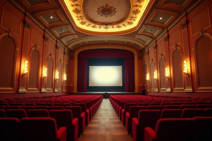 Vue intérieure de la grande salle du Grand Rex à Paris avec ses sièges en velours rouge et ses décors Art Déco dorés