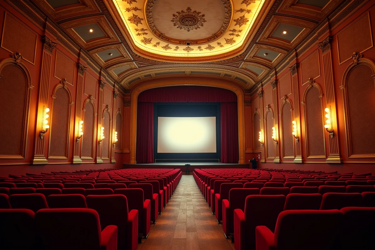 Vue intérieure de la grande salle du Grand Rex à Paris avec ses sièges en velours rouge et ses décors Art Déco dorés