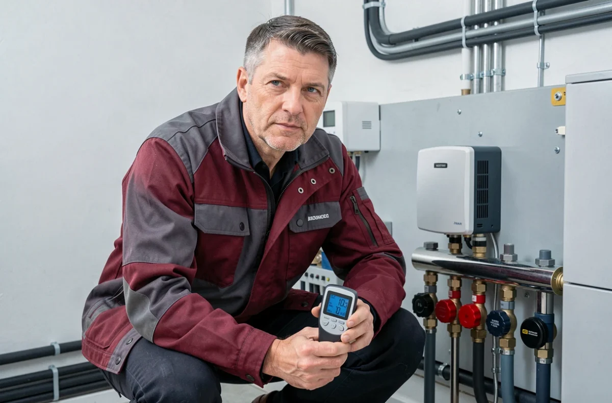 Technicien de Sani Thermique réglant un système de chauffage par le sol et une unité thermostatique dans une chaufferie moderne