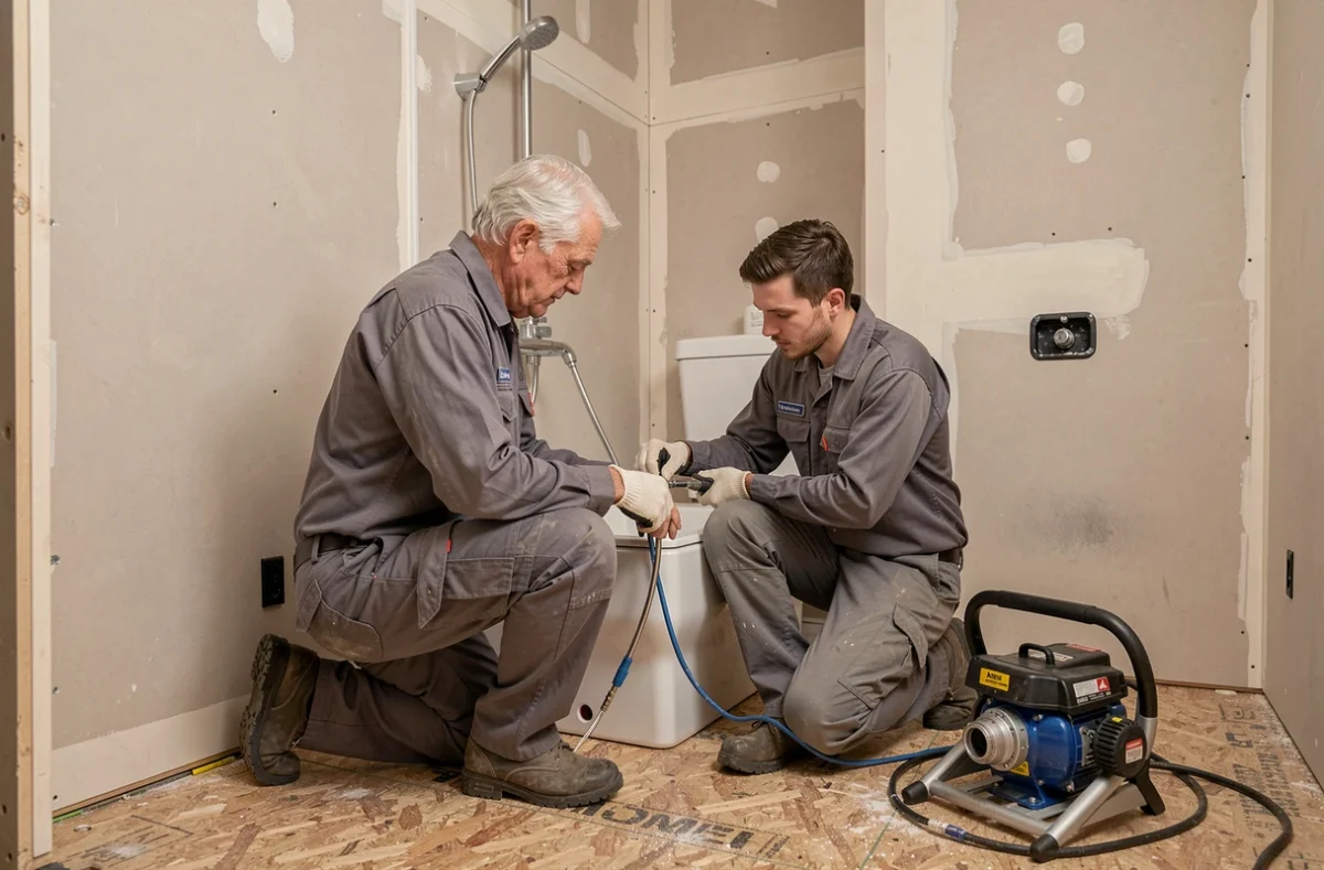 L'équipe père et fils de SARL Cottier Père et Fils installant une salle de bain complète dans une maison neuve