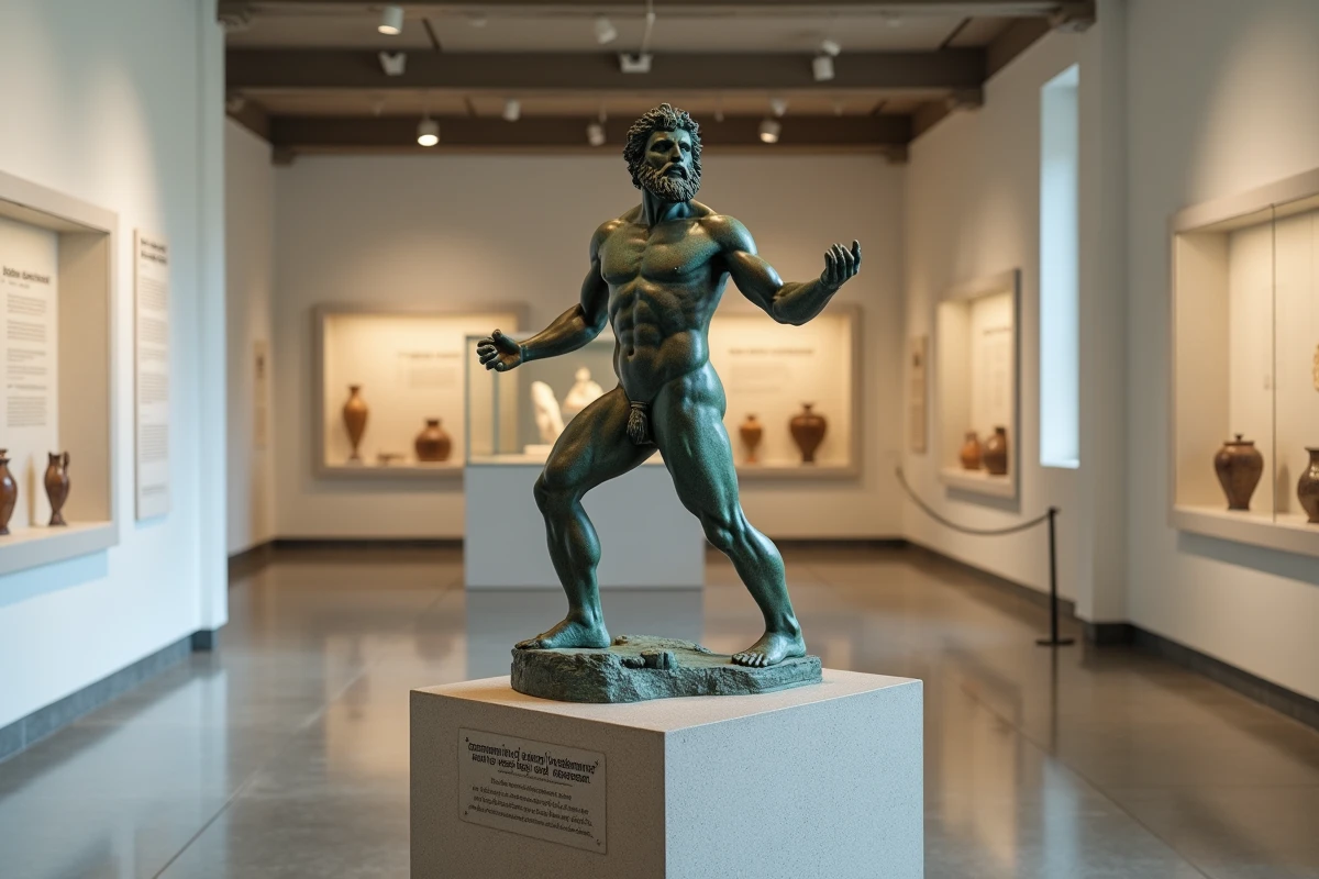 Sculpture en bronze de Poséidon exposée dans un musée archéologique avec patine verte et socle en pierre