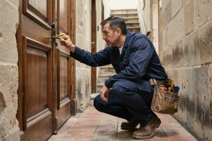 Serrurier professionnel en intervention d'urgence devant une porte d'appartement dans un couloir d'immeuble de style bourguignon