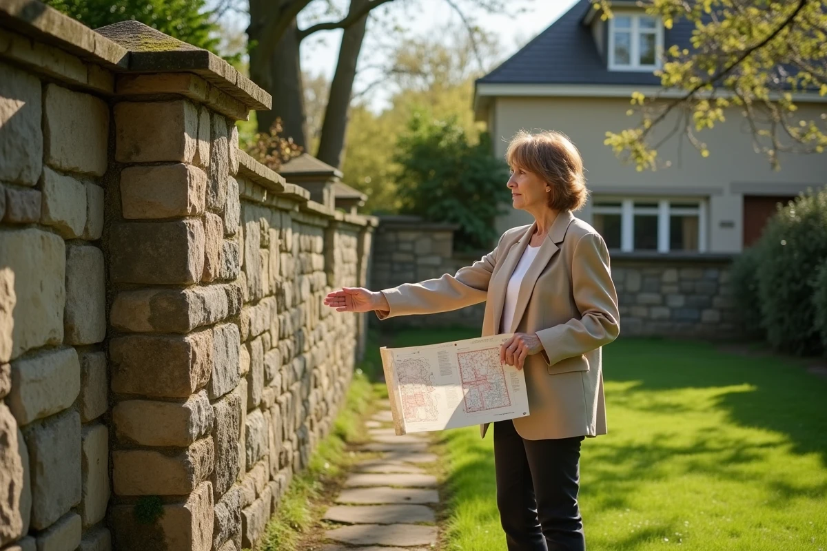 Femme consultant un plan cadastral devant un mur de clôture illustrant les servitudes et droits de propriété immobilière en droit civil français
